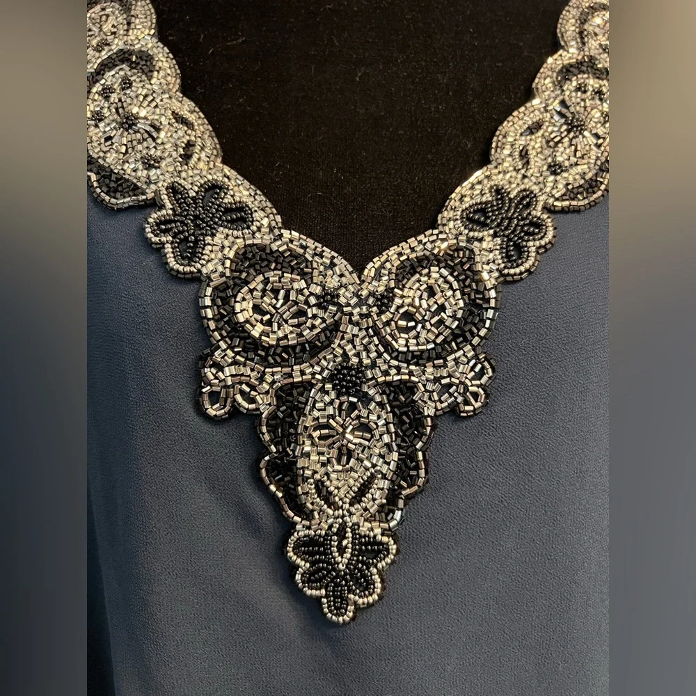 JKARA Navy Petite Beaded Cocktail Dress Womens 16P - Picture 6 of 7